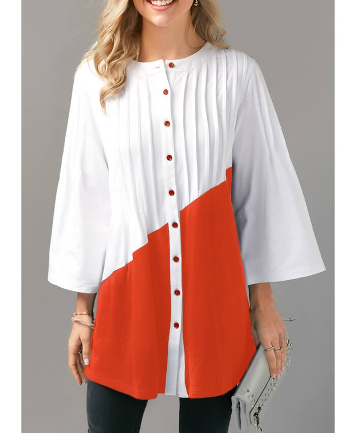 Orange Pleated Three Quarter Sleeve Button Up Blouse